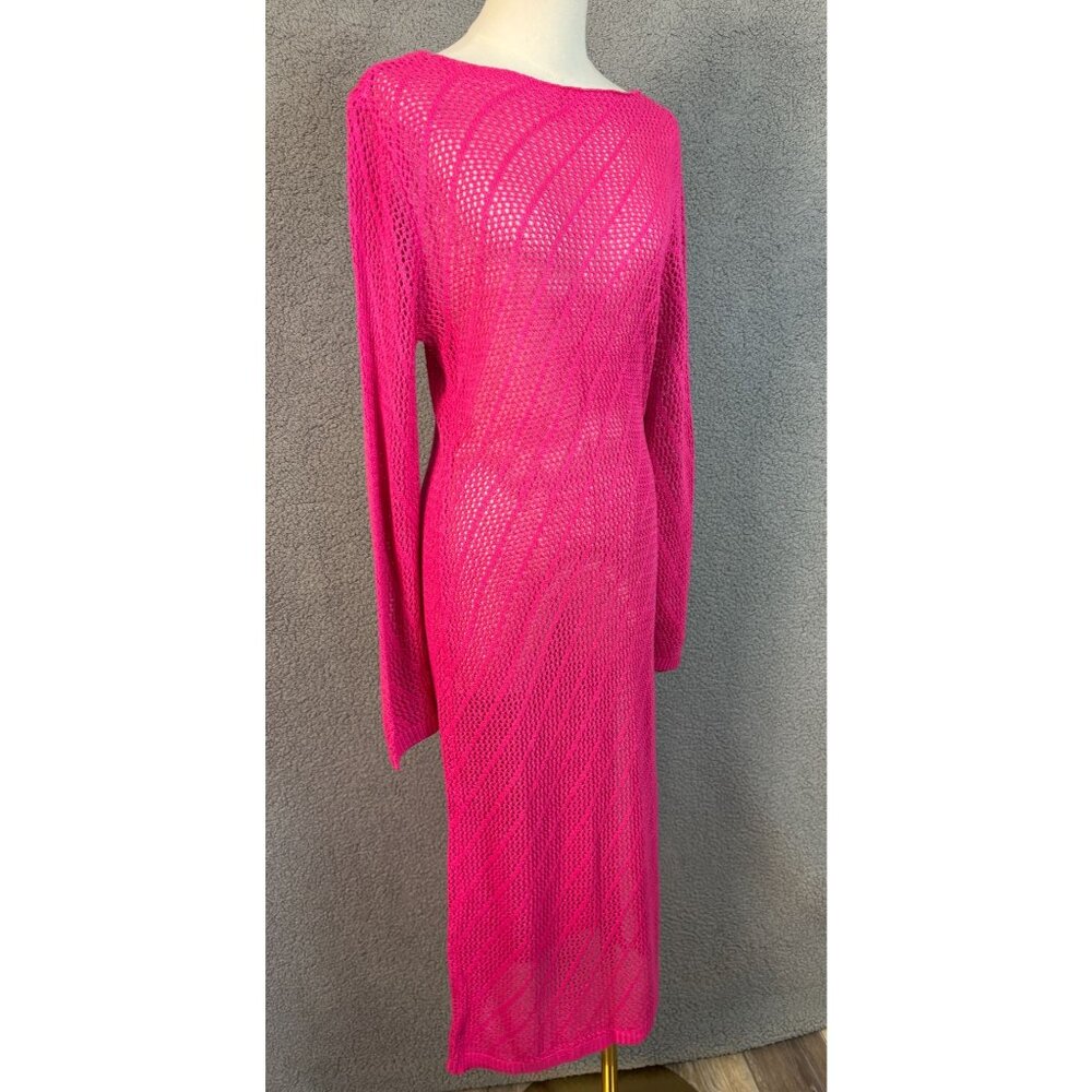Pink Long Sleeve Crochet Knit Dress Sheer Cover-Up Size Medium New Without Tag's - Picture 3 of 7